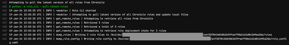 Example output from the scheduled pipeline job that pulls the latest version of all rules from Chronicle