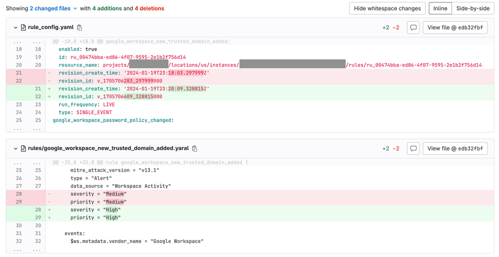 Example commit in GitLab project reflecting a change made to a rule in Chronicle