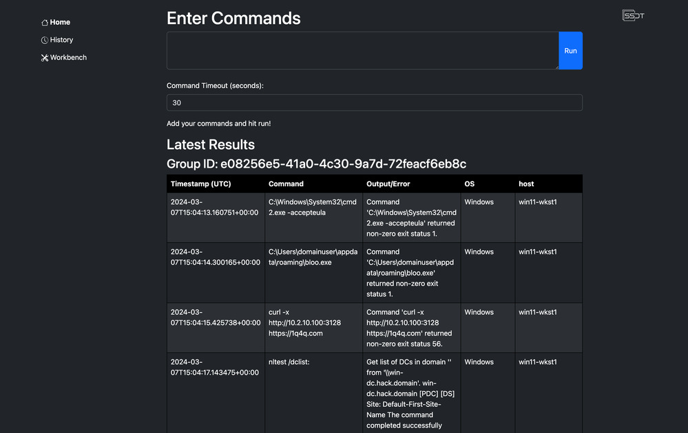 Viewing SSDT’s homepage that shows results from recently executed commands