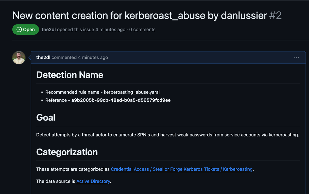 Reviewing the newly created GitHub issue for our Kerberoasting detection idea