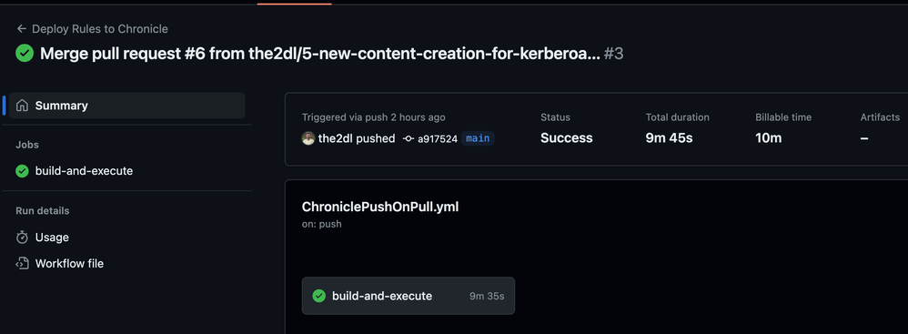 Successful execution of GitHub Actions workflow used to deploy rule changes to Chronicle