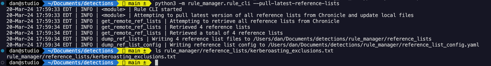 Pulling all reference lists via Chronicle’s API and validating the “kerberoasting_exclusions” list exists