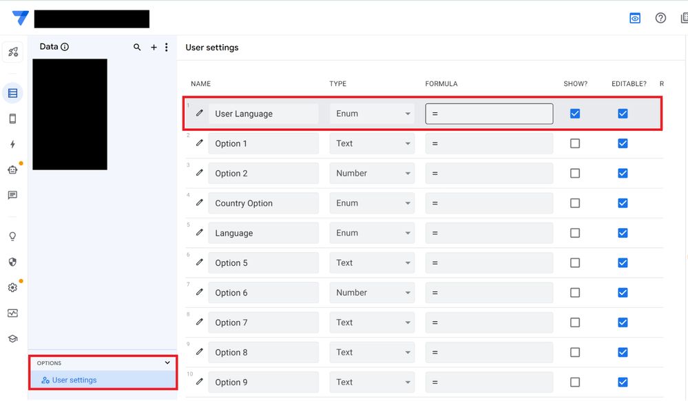 User settings screenshot