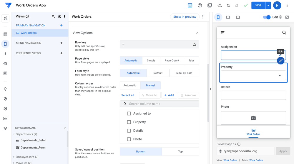 What I am seeing on the app editor side of things. This is where I want the list of properties to be limited to the user's role.