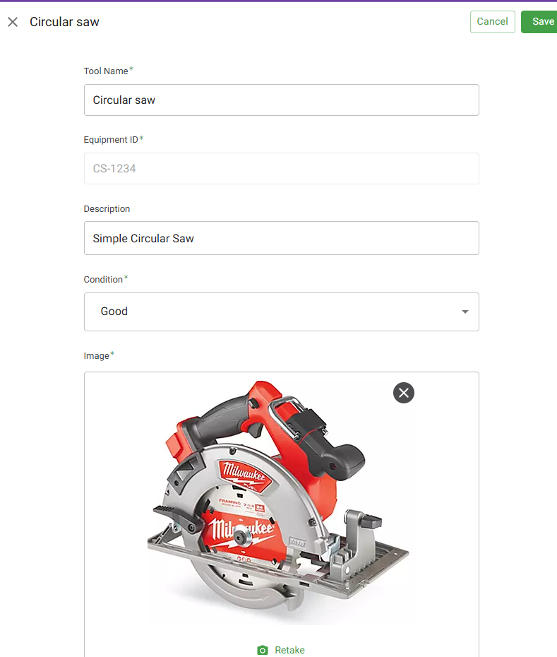 Edit tool view and Equipment ID is uneditable(I want this result)