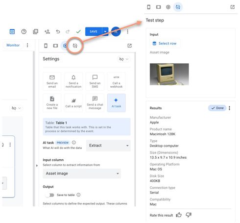 AI task testing allows you to test at the automation step level. Rating the results improves Gemini in AppSheet's performance in the future.