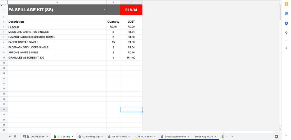 Costing sheet