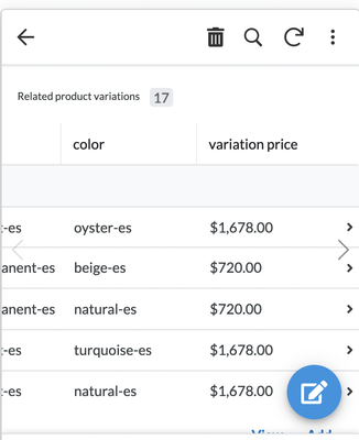 inline view of related product variations (notice the price of the top product)