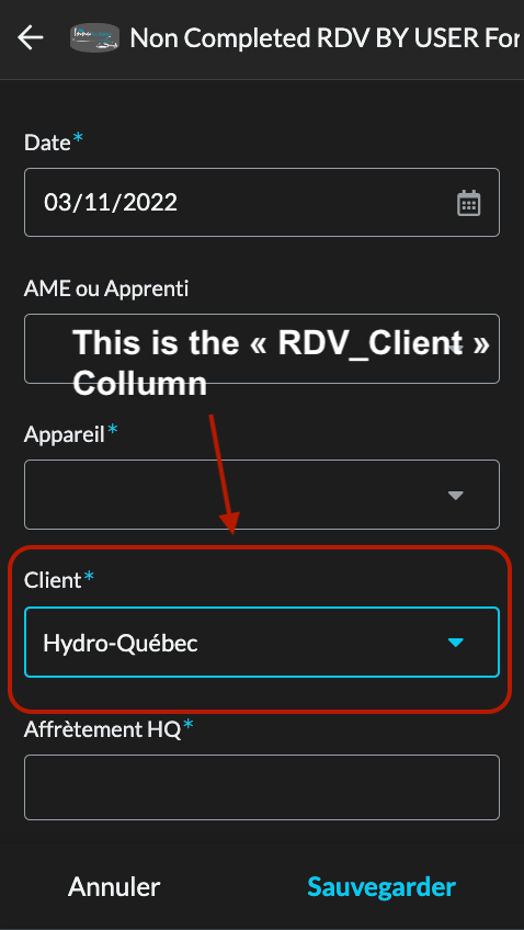 1- Inside the Form, "RDV_Client"