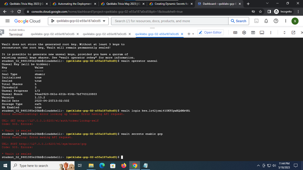 Task 2 - vault secrets enable gcp FAILS.png