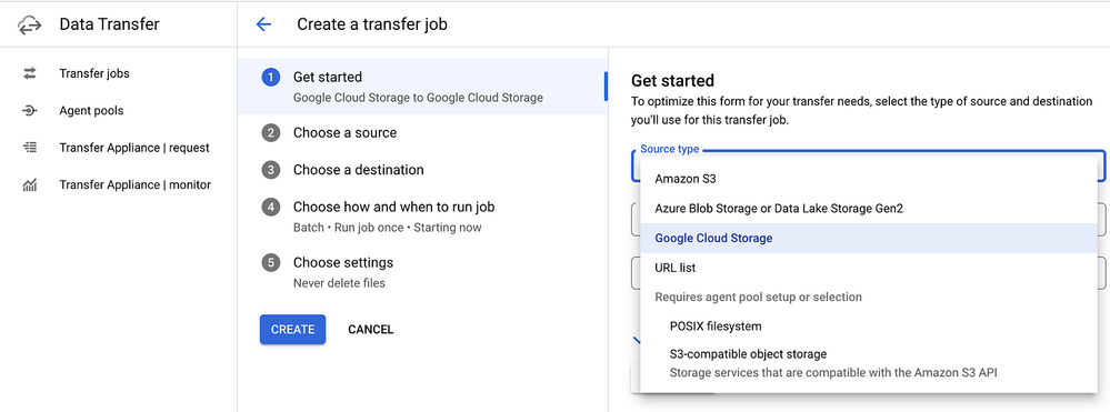 Google Cloud portal showing the S3-compatible object storage as a Source type while creating a transfer job