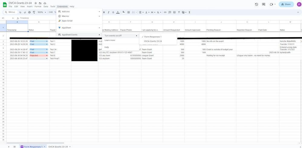 Screenshot of spreadsheet