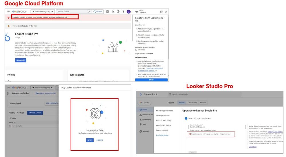 Screenshots with GCP and Looker errors when upgrading to Looker Studio Pro