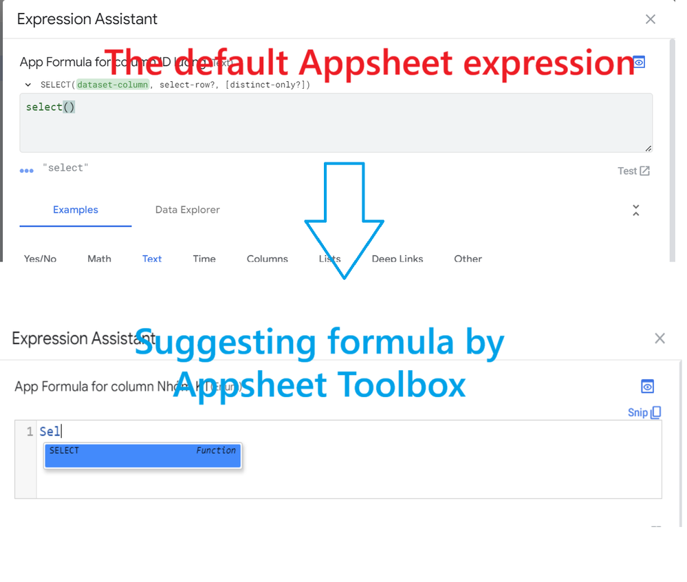 Appsheet Toolbox suggests formulas and provides better user support than Appsheet's default input method